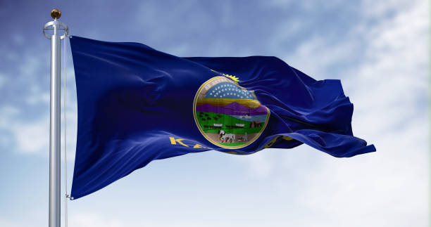 istock Kansas state flag waving in the wind on a clear day 1567427402