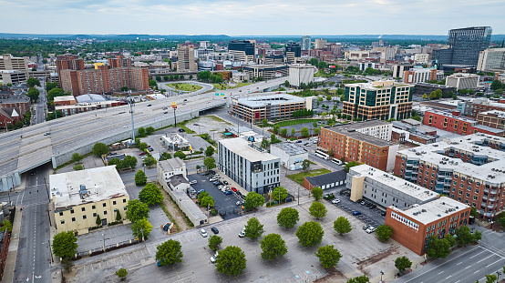 Aerial view of Racine, a city in Racine County, Wisconsin, on a sunny day in Fall.