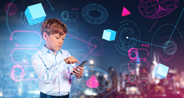 istock Boy with smartphone in metaverse in city 1567440047