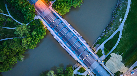 Image of Overhead view MLK bridge with bike and walking trails beside St Marys River