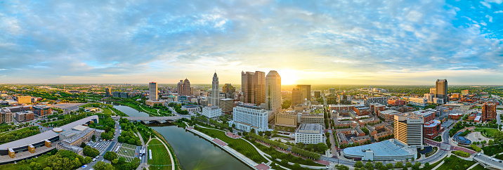 Image of Panorama Columbus Ohio downtown at sunrise with river aerial drone shot