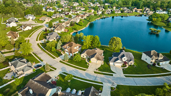 Image of Pond lake view property with lone island with three trees in neighborhood with big homes aerial