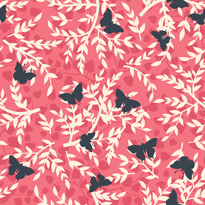 A seamless repeating pattern with colorful butterflies and branches.