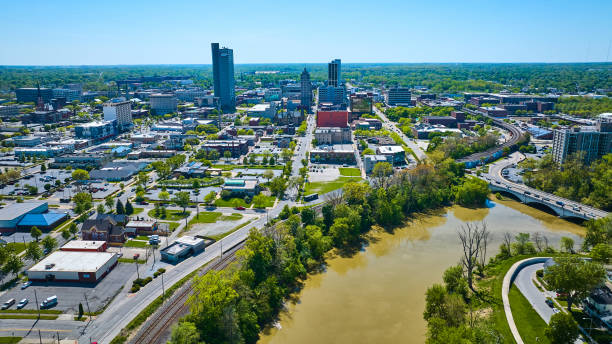 istock Summer downtown Fort Wayne with train tracks, three rivers, and distant skyscrapers 1567470744
