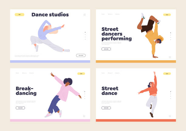 댄스 스쿨 스튜디오, 거리 브레이크 댄스 축제 온라인 서비스를위한 랜딩 페이지의 격리 세트 - dancing breakdancing street city life stock illustrations