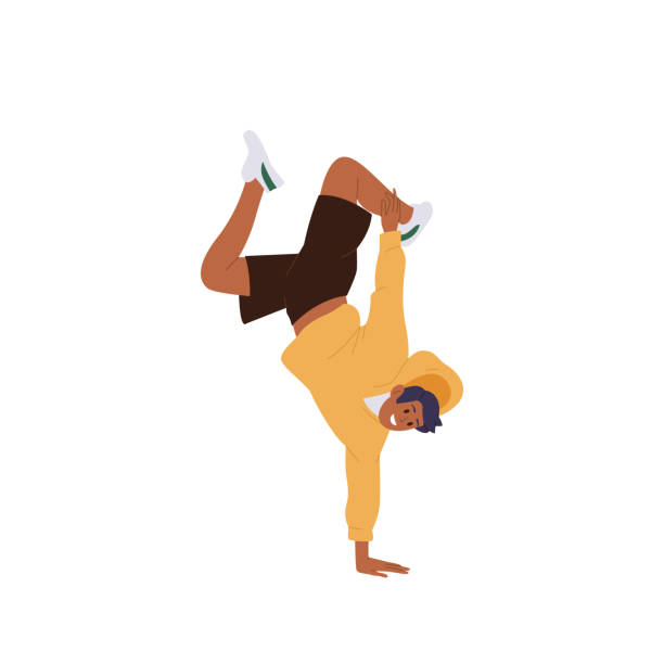 숙련되고 재능 있는 활기찬 젊은 십대 남성 브레이크 댄서가 한 손으로 균형을 잡고 있다 - dancing breakdancing street city life stock illustrations