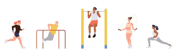 Vector illustration of Isolated set of young adult woman and man athletes doing fitness exercises and training workout