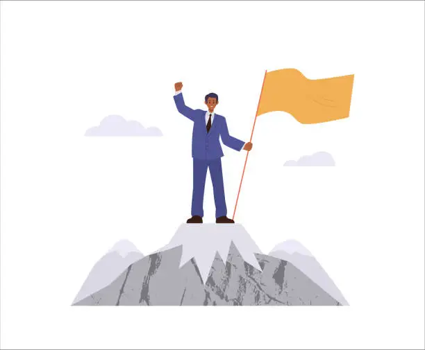 Vector illustration of Successful businessman character standing on mountain top with flag, goal achievement concept