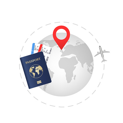 Vector modern flat design web icon on airline tickets and travel with passport, boarding pass ticket and globe with a plane. World map design. Vector illustration