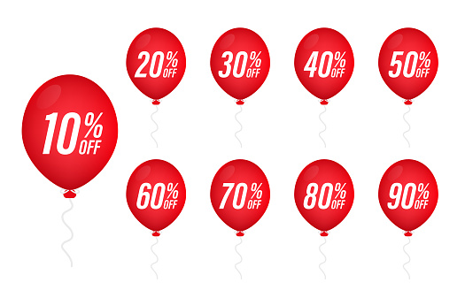Red balloons Discounts for retail, shopping, sale or concept promotion. Set of balloons 10%, 15%, 20%, 25%, 30%, 35%, 40%, 50%, 60%, 70%, 80% and 90% Discounts Isolate on white. Vector illustration
