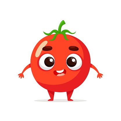 Funny cartoon tomato. Kawaii vegetable character. Vector food illustration isolated on white background.