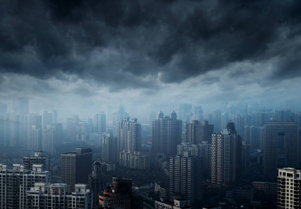 Dark stormy clouds over shanghai city stock photo