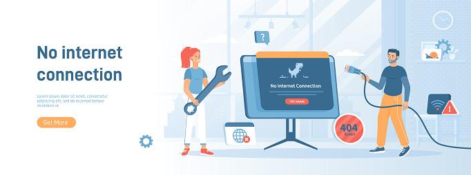 No Internet Connection. Web page not loading. Offline error, No Wi-Fi signal. The network cable is disconnected. Flat concept great for social media promotional material. Website banner background