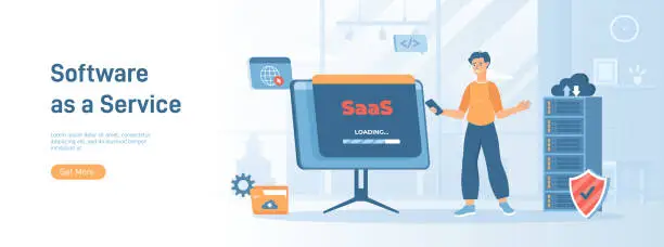 Vector illustration of SaaS concept, Software as a service. Cloud computing and storage. Flat concept great for social media promotional material. Website banner on white background.