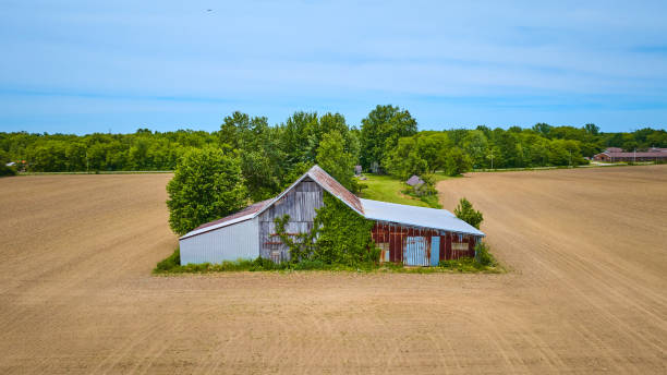 istock Wooden and metal barn rusting with three empty dirt fields and a patch of green forest behind aerial 1567497814