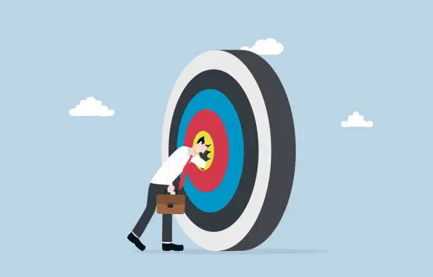 Vector illustration of Deep understanding of business target, comprehensive and detailed knowledge of the business goal, thorough market research concept, Businessman ducking head into target.