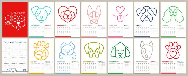 Vector illustration of 2024 Dog Calendar. Cute decorative calendar in A3 format. Collection with 12 dogs. Minimalistic design.. Flat style