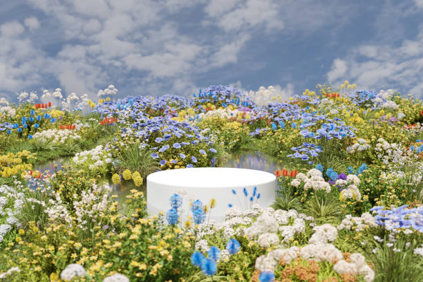 istock Abstact 3d render spring scene and Natural podium background, White stone podium on the colorful flowers field in the lake for product display, advertising, mockup, cosmetic or etc 1567522661