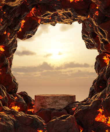 Abstact 3D render Platform backgrond, Stone podium on the lava and magma and rocks smelt in the volcano cave for product display, showcase, mockup or etc
