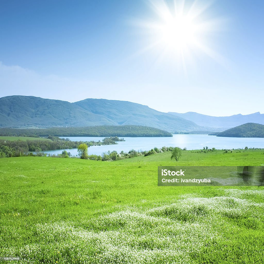 Primavera paesaggio di montagna con un lago e meadow - Foto stock royalty-free di Cielo sereno