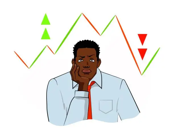 Vector illustration of Black man trader investor and price fluctuation