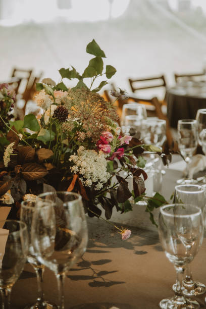 istock wedding decoration, setting table with pants and flowers 1567552122