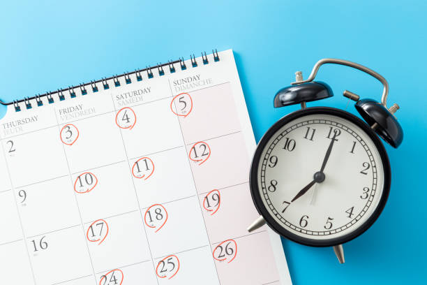 istock Calendar and clock with 3 days off on blue background. 1567553771