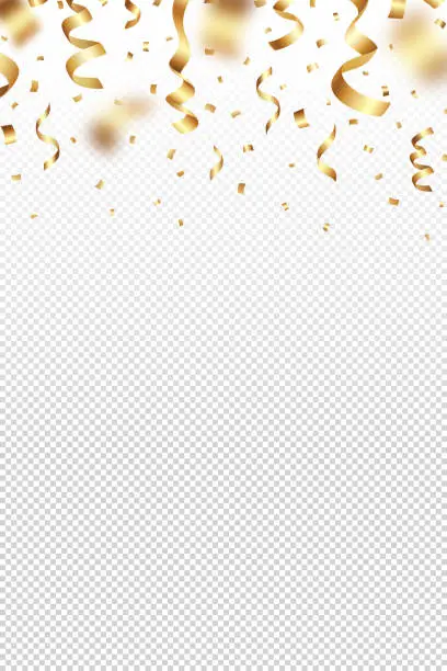 Vector illustration of Festive vector illustration of falling shiny gold foil confetti and tinsels on a transparent background. Suitable for holiday poster, Christmas greeting card, wedding or birthday party invitation