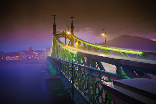 Heavy rain in Budapest at Szabatdsag hid. Liberty Bridge over the Danube, Budapest. The Szabadsag hid or Liberty Bridge in Budapest, connects Buda and Pest across the River Danube. The bridge was built between 1894 and 1896. Night shot.
