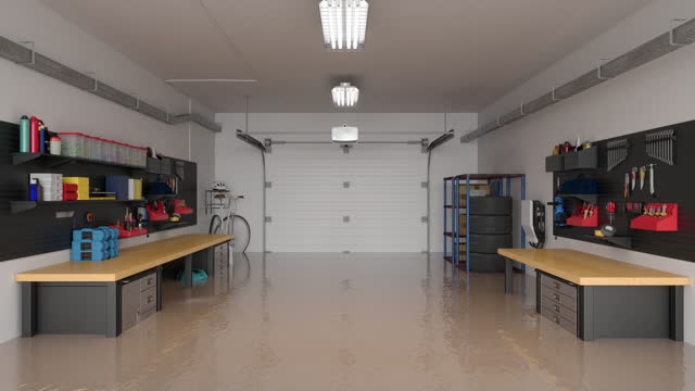 Flooded Empty Garage Interior With Working Equipments And Tools Floating On Water
