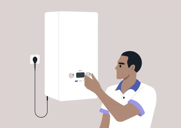 Vector illustration of A male character regulating a home water boiler temperature