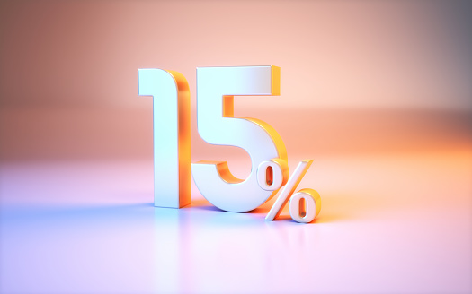 3d render 15 Percent Sign sitting on Metallic Blue and Pink Background (Close-up)