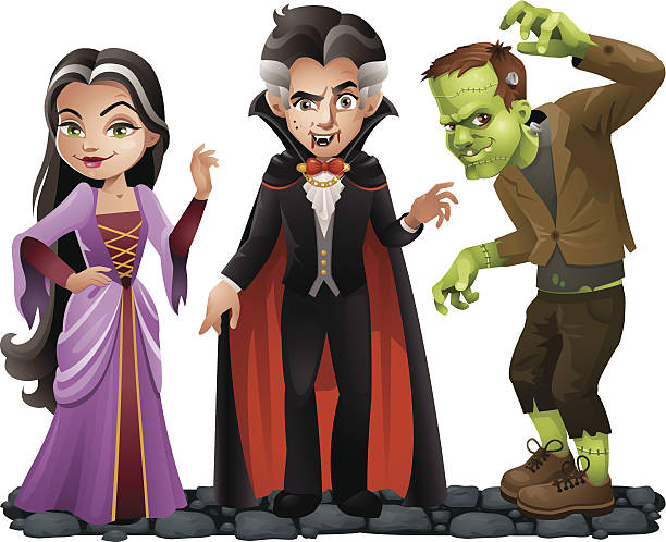 niedliche vektor-halloween-zeichen: vampir frau, dracula und frankensteins monster - historische kleidung stock-grafiken, -clipart, -cartoons und -symbole