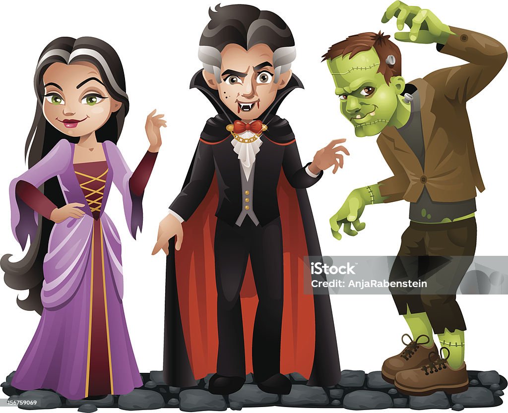 Cute Vector de Dia das Bruxas caracteres: Vampiro Lady, Dracula e Frankensteins Monstro - Royalty-free Dia das Bruxas arte vetorial