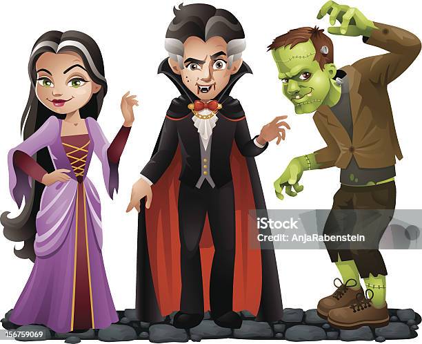 Cute Vector De Dia Das Bruxas Caracteres Vampiro Lady Dracula E Frankensteins Monstro - Arte vetorial de stock e mais imagens de Dia das Bruxas