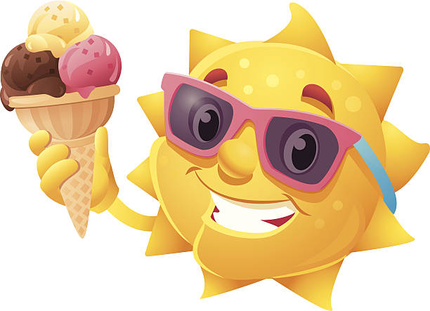 Mignon dessin animé soleil d'été avec de la glace - Illustration vectorielle