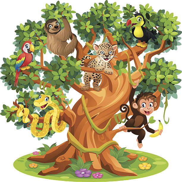 ładny kreskówka, wąż, koni, jaguar i ptaków w dżungli tree - cartoon monkey animal tree stock illustrations