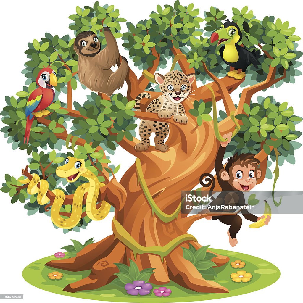 Cute Cartoon Snake Monkey Jaguar And Birds In Jungle Tree Stock  Illustration - Download Image Now - iStock