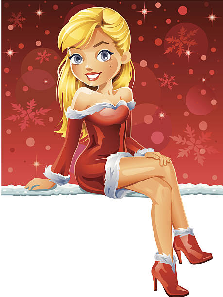かわいいクリスマスサンタ女性のレッドドレス ベクターアートイラスト