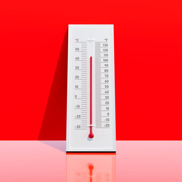 Heat wave concept: A thermometer showing 44° celsius / 110° Fahrenheit leaning onto a red background with hard shadows and reflection.