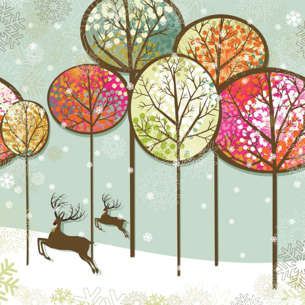 Christmas landscape and reindeers vector art illustration