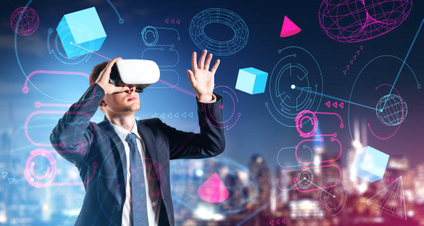 istock Man in VR glasses in metaverse in city 1567610940