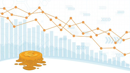 Melting golden euro coin on a declining financial chart.