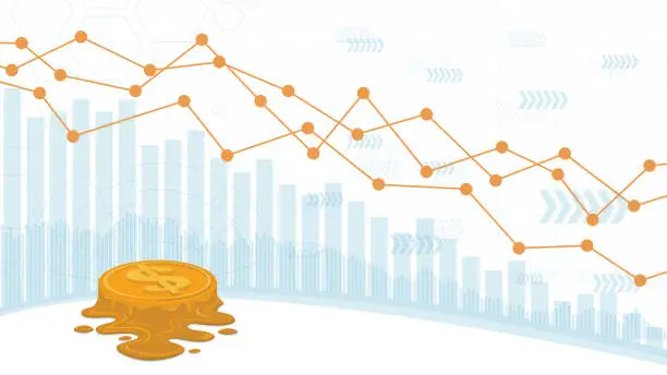 Vector illustration of Melting golden US dollar coin on a declining financial chart