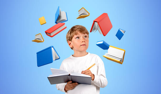 istock Kid take notes, school education and colorful books flying on blue background 1567614798