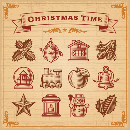 A set of vintage Christmas decorations. Vector illustration in woodcut style. Includes high resolution JPG.