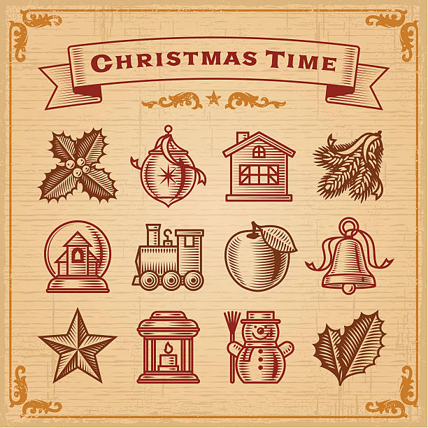 Vintage Christmas Decorations A set of vintage Christmas decorations. Vector illustration in woodcut style. Includes high resolution JPG. church borders stock illustrations