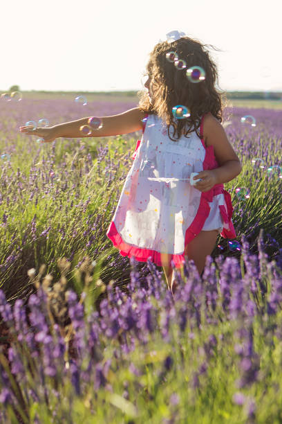 niña de 5 años jugando a hacer pompas de jabón en un hermoso campo de lavanda - 2 3 years children only group of people enjoyment fotografías e imágenes de stock