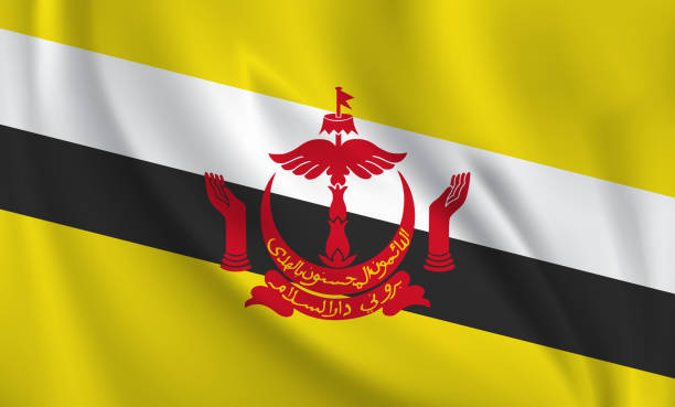 ilustraciones, imágenes clip art, dibujos animados e iconos de stock de ondeando la bandera de brunei darussalam soplando en el viento. página completa bandera ondeante - bandar seri begawan