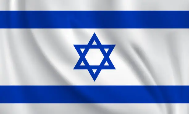 Vector illustration of Waving flag of Israel blowing in the wind. Full page flying flag